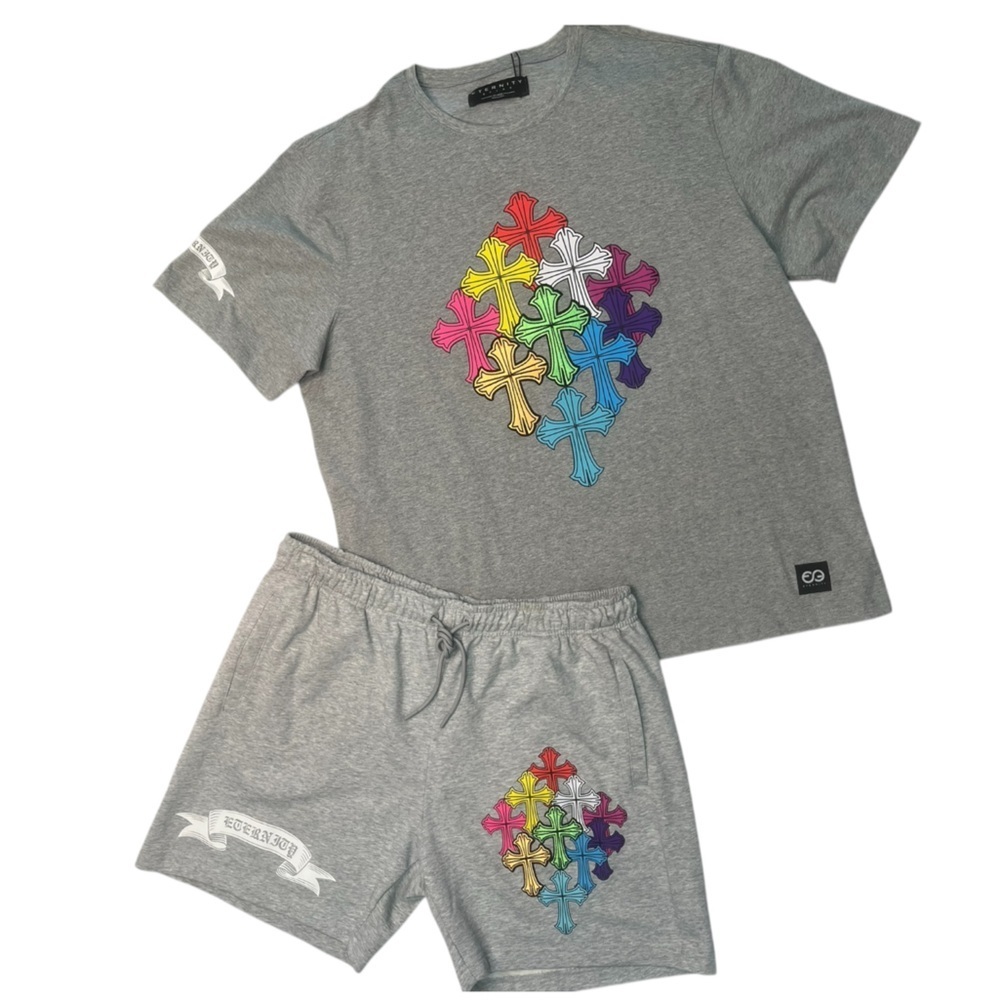 Sz 3xl Gray Tee & Shorts Set with Multicolor Cross Motif